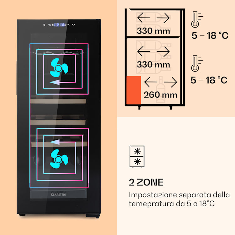 Bovella 18 Duo+ - Frigorifero per vini a due zone, 50 l, 18 bottiglie Sportello in vetro 18 bottiglie  | 2 zone di raffreddamento | Nero