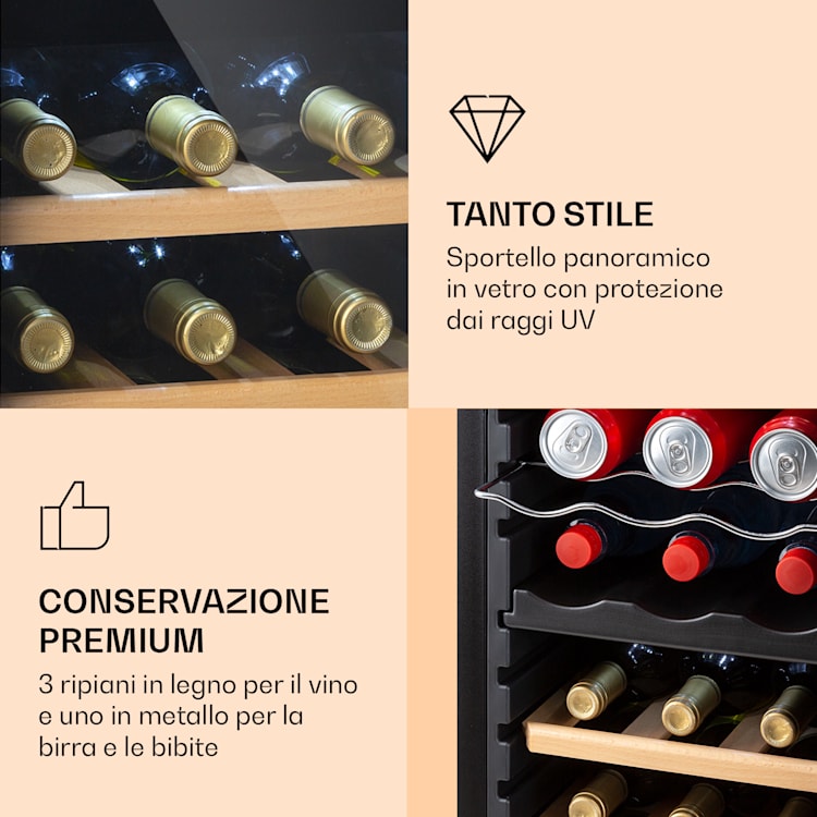 Bovella 18 Duo+ - Frigorifero per vini a due zone, 50 l, 18 bottiglie Sportello in vetro 18 bottiglie  | 2 zone di raffreddamento | Nero