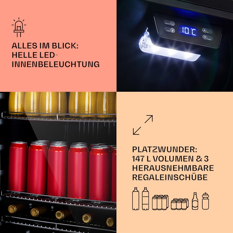Beersafe 5XL Kühlschrank 148 Liter 3 Böden Panoramaglastür Edelstahl 