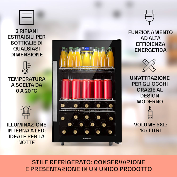 Beersafe 5XL - Frigorifero, 148 litri, 3 ripiani, sportello panoramico in vetro, acciaio inox 148 Ltr | Onyx