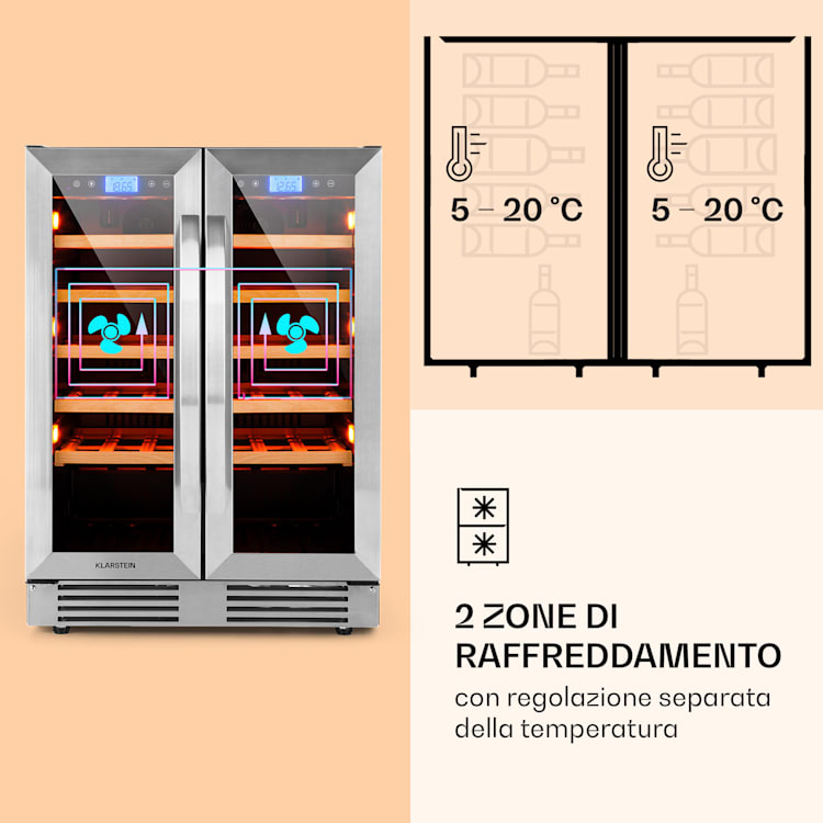 Vinovilla 42 Twin Built-In Duo Frigovino a due zone 126l 42 bott. 3 colori vetro 42 bottiglie  | 2 zone di raffreddamento | Acciaio inox