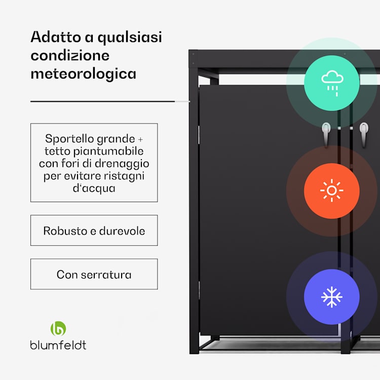BinSafe - Cassetta per 4 bidoni dei rifiuti fino a 240 L, resistente alle intemperie, con lucchetto, tetto piantumabile, in acciaio galvanizzato 