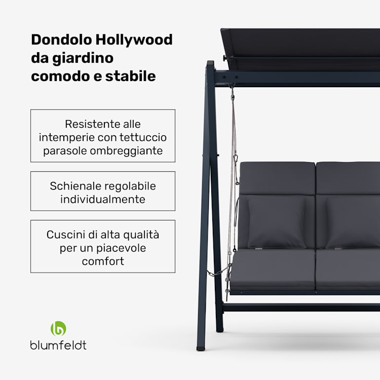 FlexiSwing - Dondolo Hollywood, 2 posti, con schienale regolabile + tettuccio parasole, resistente alle intemperie 2 posti | Antracite