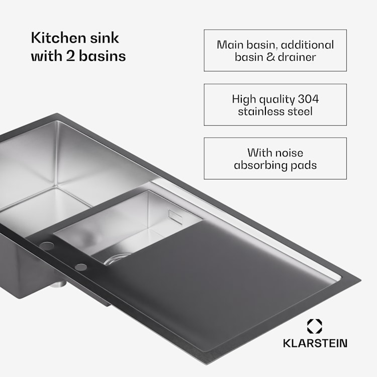 Klarstein TitanSteel kitchen sink 1.5 with draining board dimensions: 100 x 45 cm (LxW) with main and intermediate basins made of stainless steel with a scratch-resistant and heat-resistant surface 100 x 45 cm | Stainless Steel