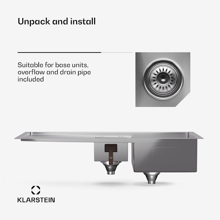 Klarstein TitanSteel kitchen sink 1.5 with draining board dimensions: 100 x 45 cm (LxW) with main and intermediate basins made of stainless steel with a scratch-resistant and heat-resistant surface 100 x 45 cm | Stainless Steel