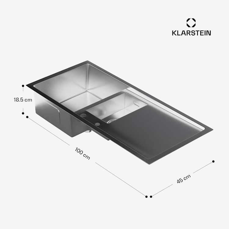 Klarstein TitanSteel kitchen sink 1.5 with draining board dimensions: 100 x 45 cm (LxW) with main and intermediate basins made of stainless steel with a scratch-resistant and heat-resistant surface 100 x 45 cm | Stainless Steel
