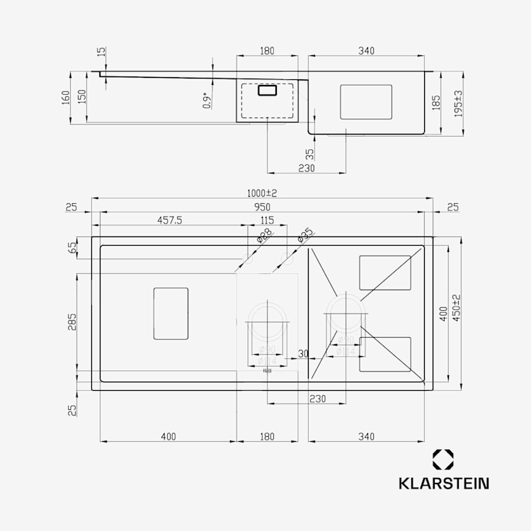 Klarstein TitanSteel kitchen sink 1.5 with draining board dimensions: 100 x 45 cm (LxW) with main and intermediate basins made of stainless steel with a scratch-resistant and heat-resistant surface 100 x 45 cm | Stainless Steel
