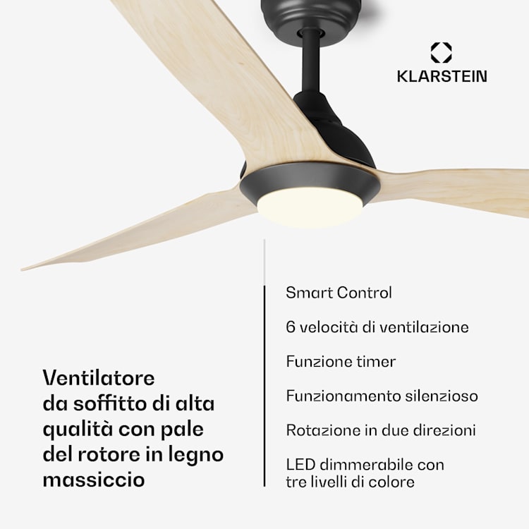Fiji Flow - Ventilatore a soffitto 2 in 1, 132 cm, LED, telecomando, controllo con app, 2 sensi di rotazione, dimmerabile Acero