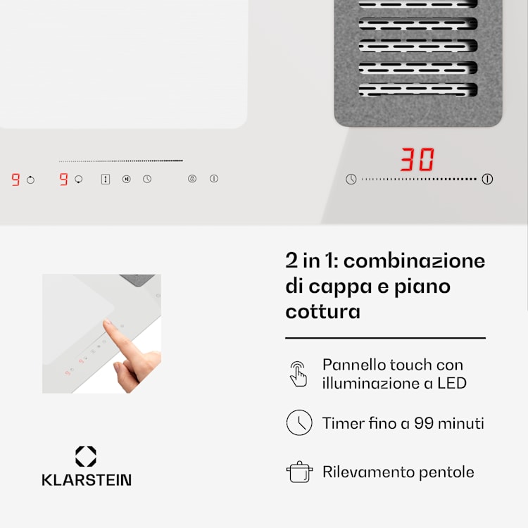 Full House 77 - Impianto Down Air con piano a induzione e cappa aspirante, 477 m³/h, classe energetica A 77 cm | Bianco