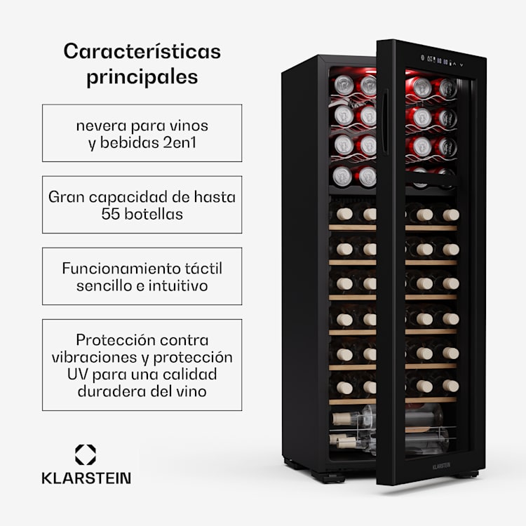Bovella 55 Duo+ nevera para vino | 2 en 1 | 55 botellas | 2 zonas | 9 estantes | Táctil 55 botellas | 2 zonas de refrigeración | Negro
