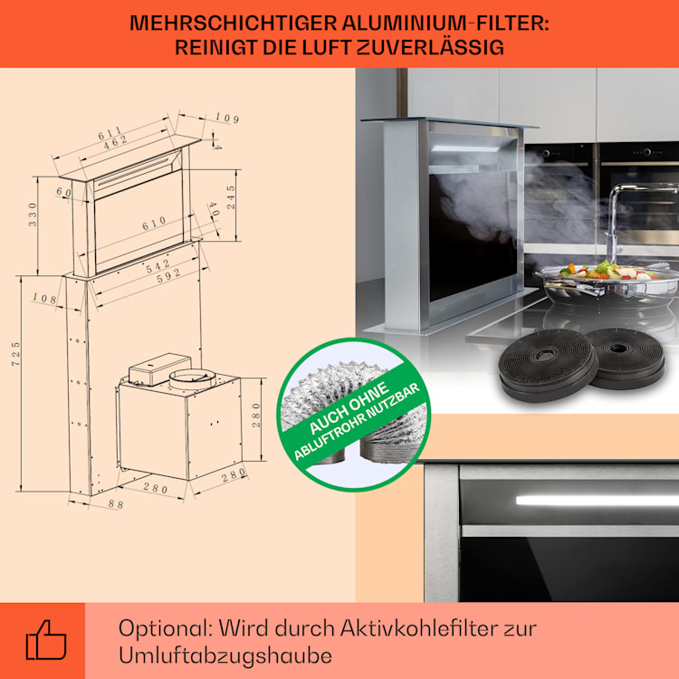 Royal Flush Eco Dunstabzugshaube 60 cm 576 m³/h A++ 60 cm | Schwarz | Edelstahl