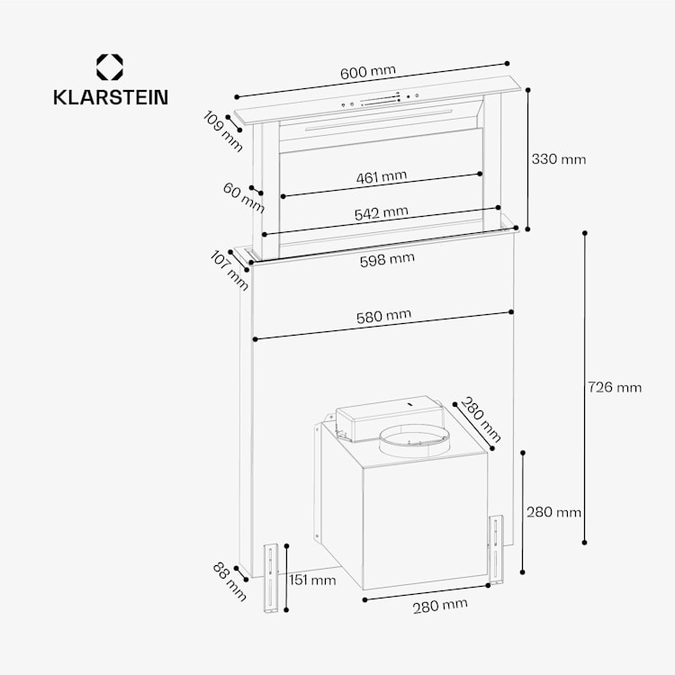 Victoria Downdraft - Cappa aspirante | 60 cm | A | 8 livelli + boost | Fino a 713,8 m³/ora | 120 W 60 cm | Nero