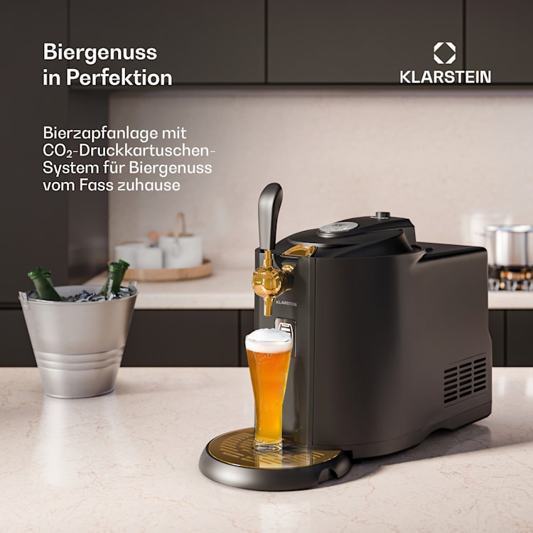 Beerkules Bierzapfanlage | für 5L-Fässer | Kühlkompressor | LED-Display | 6 Temperaturstufen Schwarz / Antik-Gold-Metallic