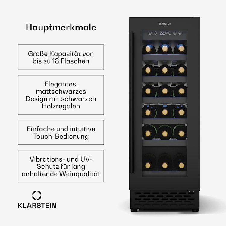 Vinovilla 18 Uno Weinkühlschrank | 1 Kühlzone | 18 Flaschen | Holzregale | 5-18 °C 18 Flaschen | 1 Kühlzone | Matt-Schwarz