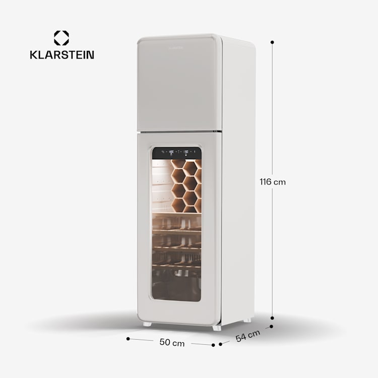 Shirley Wine Cooler + Freezer | 2-in-1-Gerät | Vintage | 2 Kühlzonen | 60 Flaschen 60 Flaschen | 2 Kühlzonen | Silber-Chrom