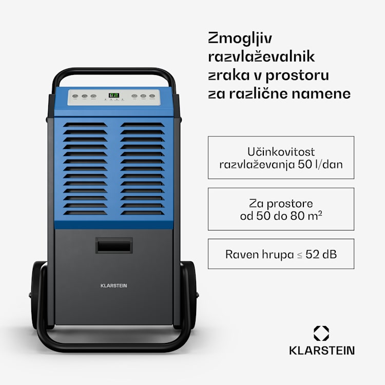 DuraDry 50L razvlaževalnik zraka, 50 l/dan, 50-80 m², nerjaveče jeklo, mobilen, 450 m³/h 50L/24h | Modra