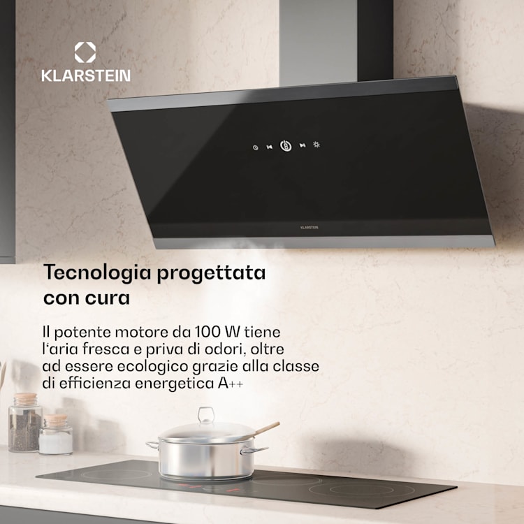 FlashLine - Cappa aspirante | A++ | 524 m³/ora | 3 livelli | Touch | Silenziosa | LED | Scarico/ricircolo | 100 W 90 cm | Nero | Nero
