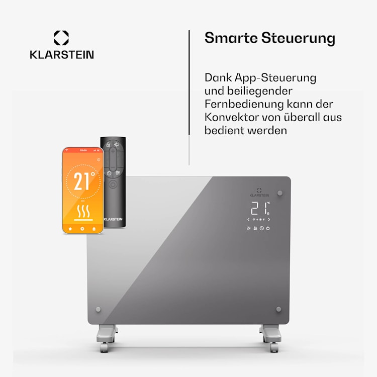 Bansin Crystal Smart Konvektor 1500 | 1500 W | App | 5- 50 °C | LED-Anzeige | Touch-Display 1500 W | Grau