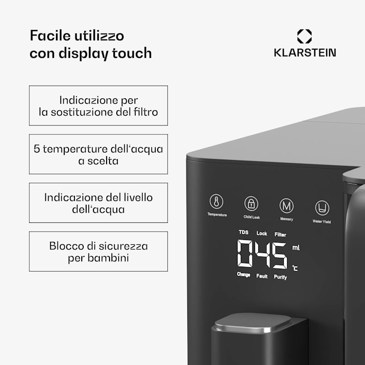 VitalPour Filtro dell'acqua | 5 fasi di filtraggio | Osmosi inversa | Serbatoio da 5 litri | Touch | Portatile | 3 secondi 5 Ltr | Nero