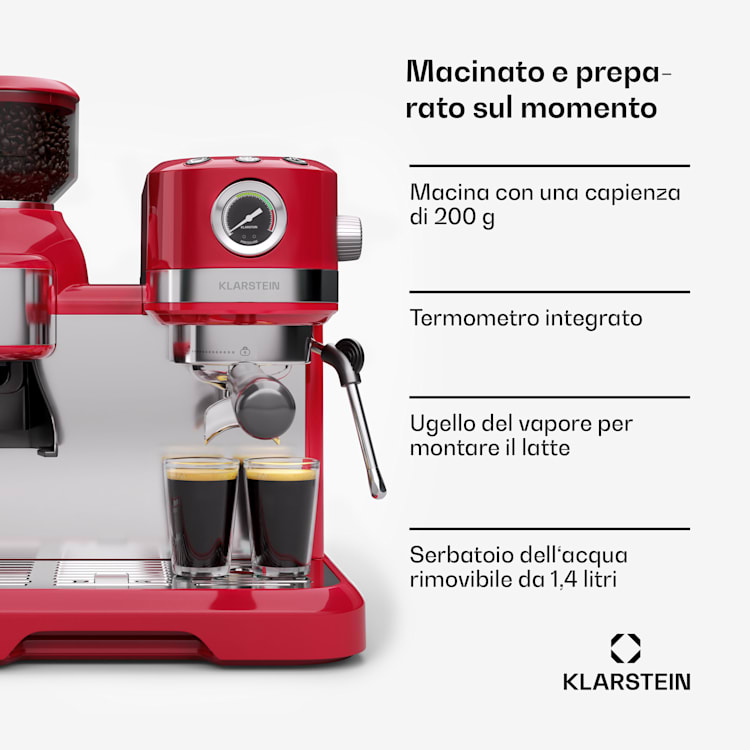 Bella Café - Macchina del caffè | Vintage | Macina | 19 bar | Schiuma di latte | Manometro | 1150 W Rosso