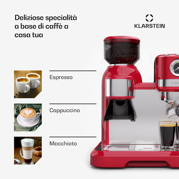 Bella Café - Macchina del caffè | Vintage | Macina | 19 bar | Schiuma di latte | Manometro | 1150 W Rosso