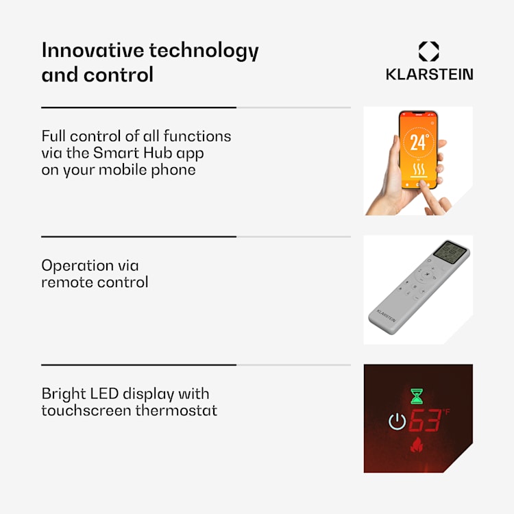 Galeras Smart elektrische haard | 2 warmtestanden | 16 - 30°| led vlammenillusie | IoT-compatibel 127 x 47 x 13 cm | Zwart
