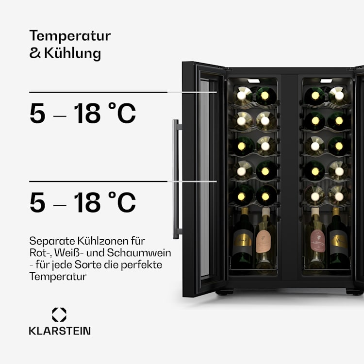 Shiraz Weinkühlschrank| 2 Kühlzonen | Touch-Steuerung | LED-Beleuchtung | freistehend 24 Flaschen | 2 Kühlzonen | Schwarz