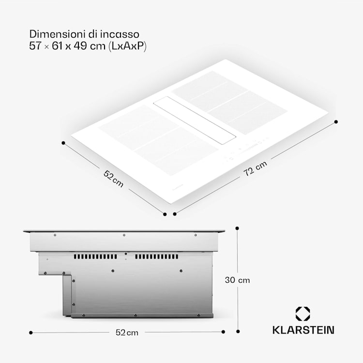 Chef-Fusion - Impianto Down Air | 2in1 | Piano cottura a induzione + cappa aspirante | Potente | 7200 W 72 cm | Bianco