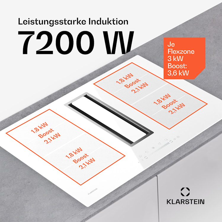 Chef-Fusion Down Air System | 2-en-1 | table à induction + hotte aspirante | puissant | 7200 W 77 cm | Blanc