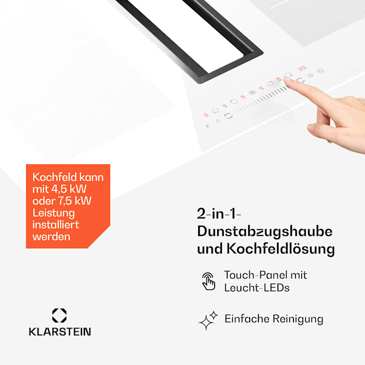 Chef-Fusion Down Air System | 2-en-1 | table à induction + hotte aspirante | puissant | 7200 W 77 cm | Blanc