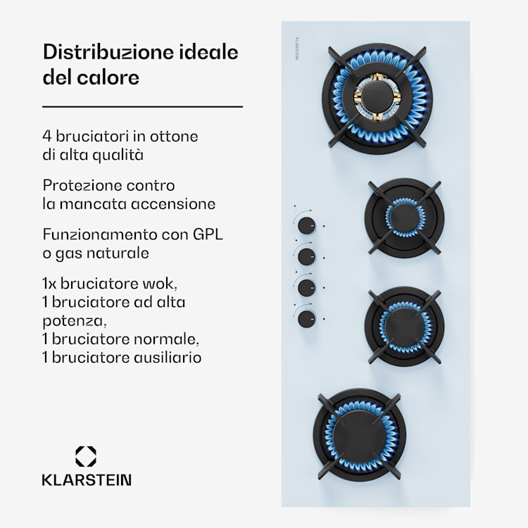 Goldflame 4 Slim - Piano cottura a gas | 4 bruciatori | Per gas liquido o naturale | Ignizione elettrica Goldflame Slim | 4 | Bianco