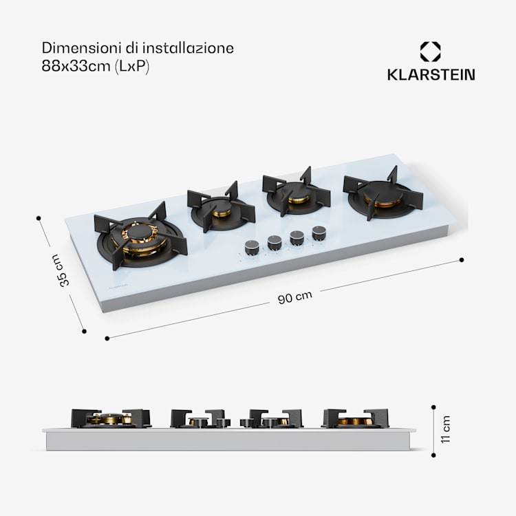 Goldflame 4 Slim - Piano cottura a gas | 4 bruciatori | Per gas liquido o naturale | Ignizione elettrica Goldflame Slim | 4 | Bianco