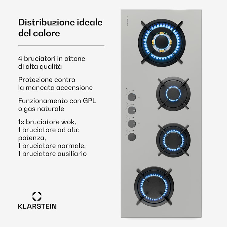 Goldflame 4 Slim - Piano cottura a gas | 4 bruciatori | Per gas liquido o naturale | Ignizione elettrica Goldflame Slim | 4 | Argento