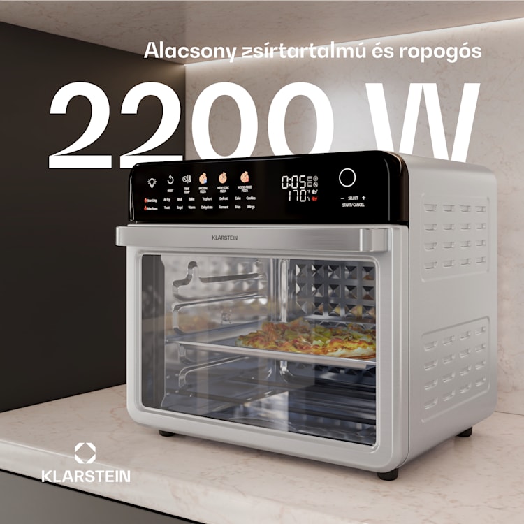 AirGlaze Digital forrólevegős fritőz, 2200 W, 19 program, mosogatógépben mosható tartozékokkal együtt Digitális színes ikonokkal | Rozsdamentes acél