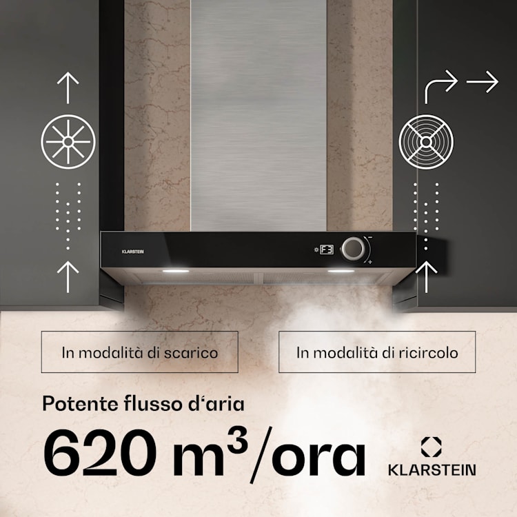 AirNova - Cappa aspirante | Ricircolo e scarico | Efficienza energetica A++ | 110 W | 620 m³/ora 60 cm | Acciaio inox