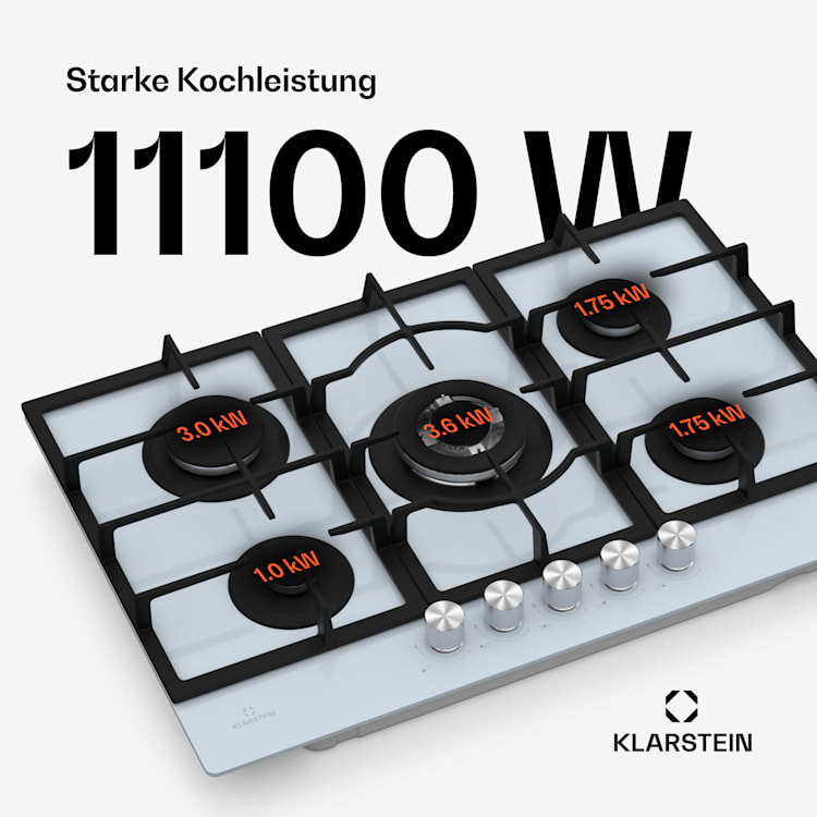 Ignito 5 Zonen Gaskochfeld | 5 Brenner | elektr. Zündung | Wok | für Flüssig- oder Erdgas 75 cm | Glas | Weiß