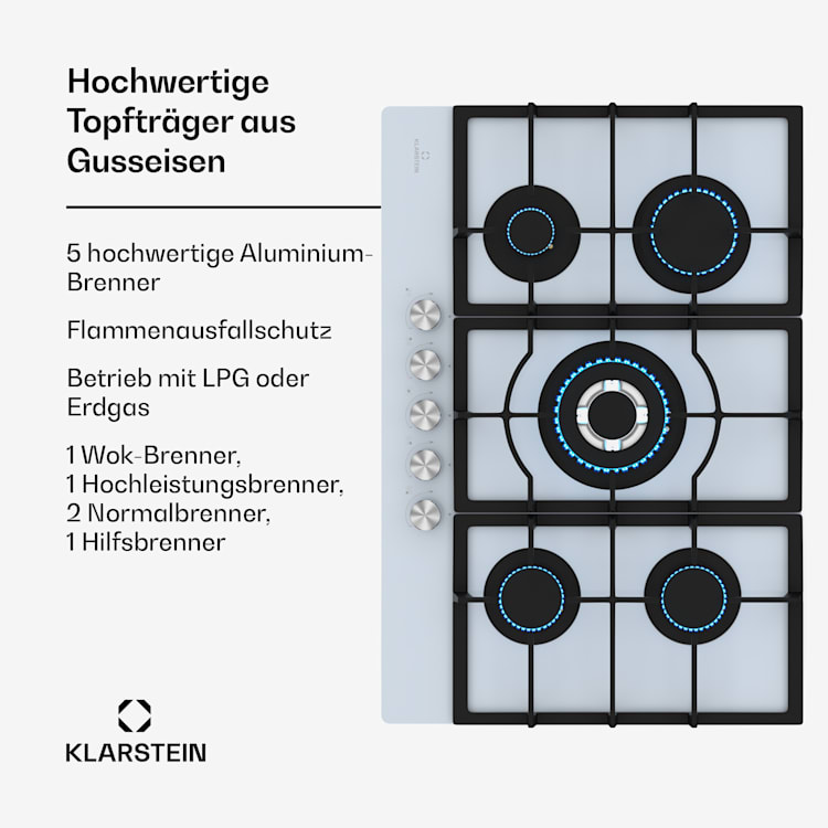 Ignito 5 Zonen Gaskochfeld | 5 Brenner | elektr. Zündung | Wok | für Flüssig- oder Erdgas 75 cm | Glas | Weiß