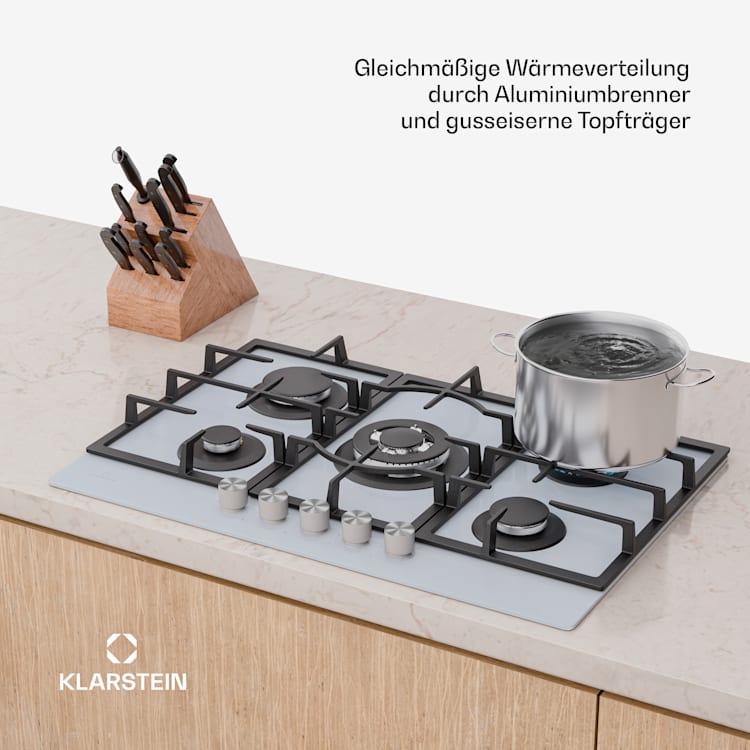 Ignito 5 Zonen Gaskochfeld | 5 Brenner | elektr. Zündung | Wok | für Flüssig- oder Erdgas 75 cm | Glas | Weiß