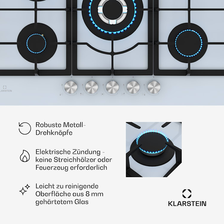 Ignito 5 Zonen Gaskochfeld | 5 Brenner | elektr. Zündung | Wok | für Flüssig- oder Erdgas 75 cm | Glas | Weiß