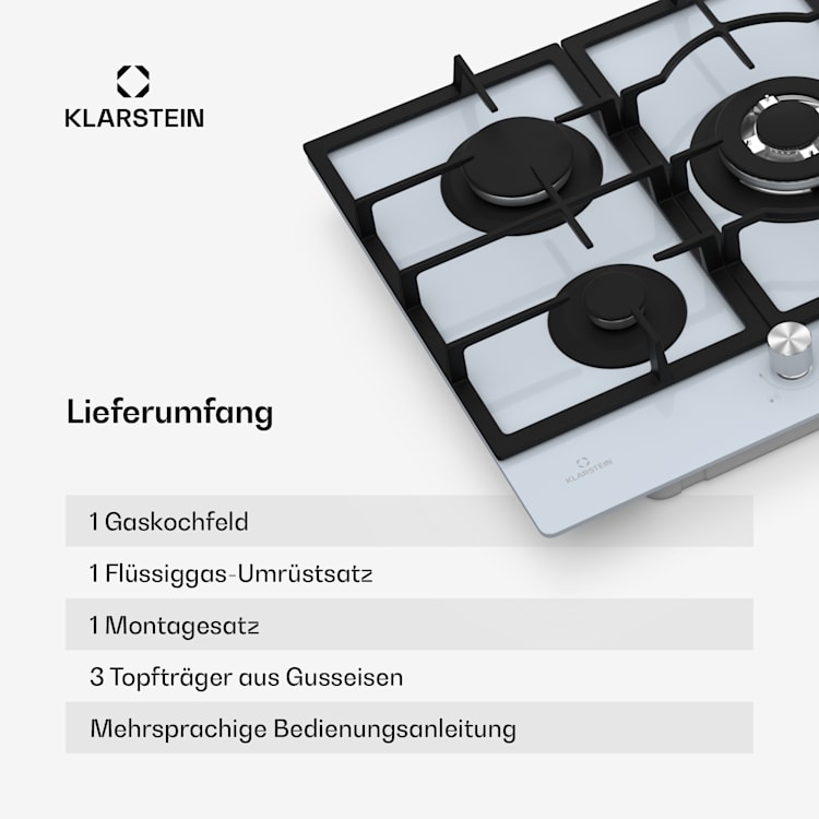 Ignito 5 Zonen Gaskochfeld | 5 Brenner | elektr. Zündung | Wok | für Flüssig- oder Erdgas 75 cm | Glas | Weiß