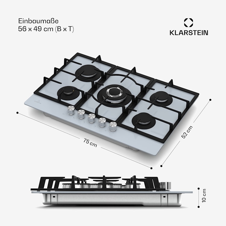 Ignito 5 Zonen Gaskochfeld | 5 Brenner | elektr. Zündung | Wok | für Flüssig- oder Erdgas 75 cm | Glas | Weiß