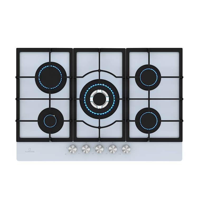 Ignito 5 Zonen Gaskochfeld | 5 Brenner | elektr. Zündung | Wok | für Flüssig- oder Erdgas 75 cm | Glas | Weiß