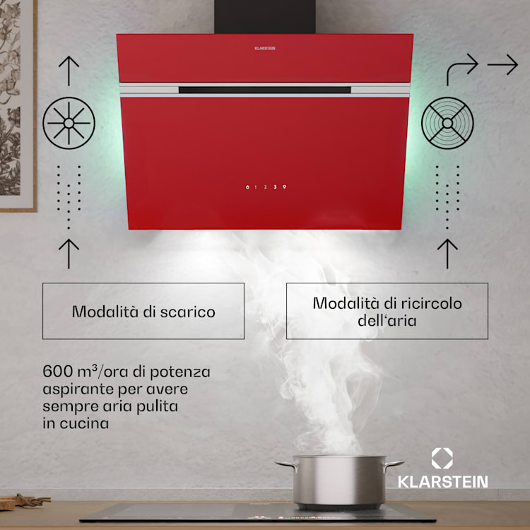 Alina - Cappa aspirante | 60 cm | 600 m³/ora | Silenziosa | Classe energetica A 60 cm | Rosso