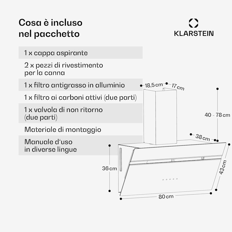Alina - Cappa aspirante | 80 cm | 600 m³/ora | Silenziosa | Classe energetica A 80 cm | Bianco