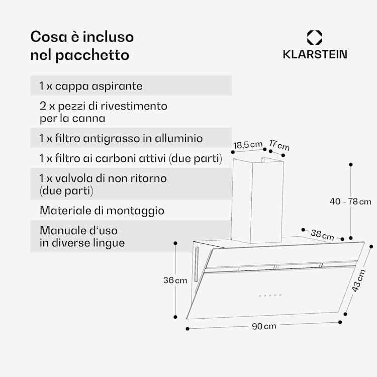 Alina - Cappa aspirante | 90 cm | 615 m³/ora | Silenziosa | Classe energetica A 