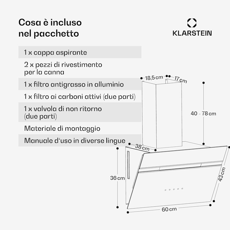 Alina - Cappa aspirante | 60 cm | 680 m³/ora | Silenziosa | Classe energetica A++ 