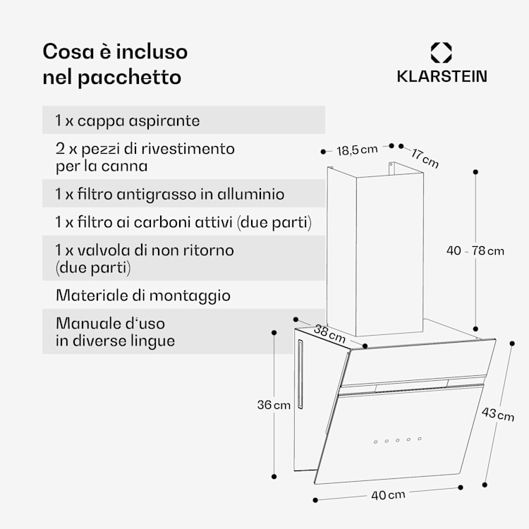 Alina - Cappa aspirante | 40 cm | 570 m³/ora | Silenziosa | Classe energetica A 