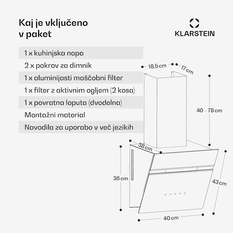 Alina napa za odvod dima | 40 cm | 570 m³/h | Tiha | EEC A 