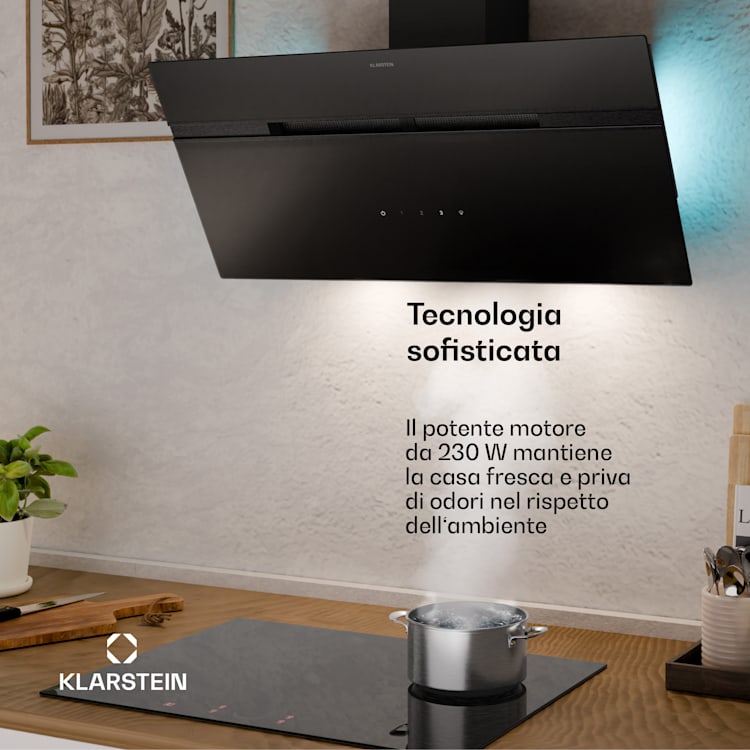 Alina - Cappa aspirante | Classe energetica A | Touch | Illuminazione a LED | Scarico/ricircolo | 615 m³/ora 90 cm | Nero