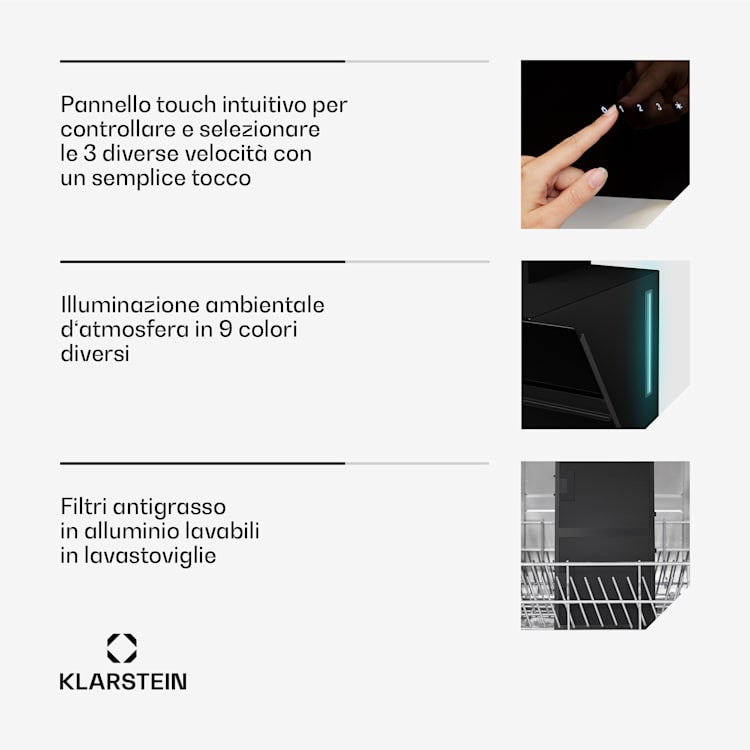Alina - Cappa aspirante | Classe energetica A | Touch | Illuminazione a LED | Scarico/ricircolo | 615 m³/ora 90 cm | Nero